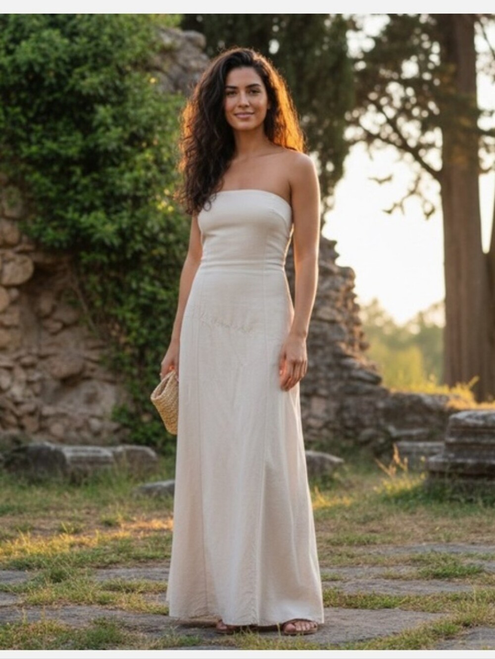 Midnight Sky Sz M Cream Neutral Cotton Linen Strapless Open Back Maxi Dress